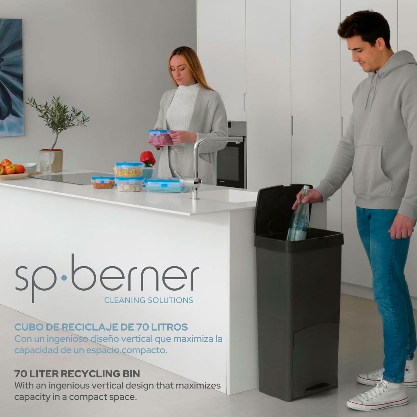 Cubo de Basura Reciclaje 70L con 2 Compartimentos Vertical Negro