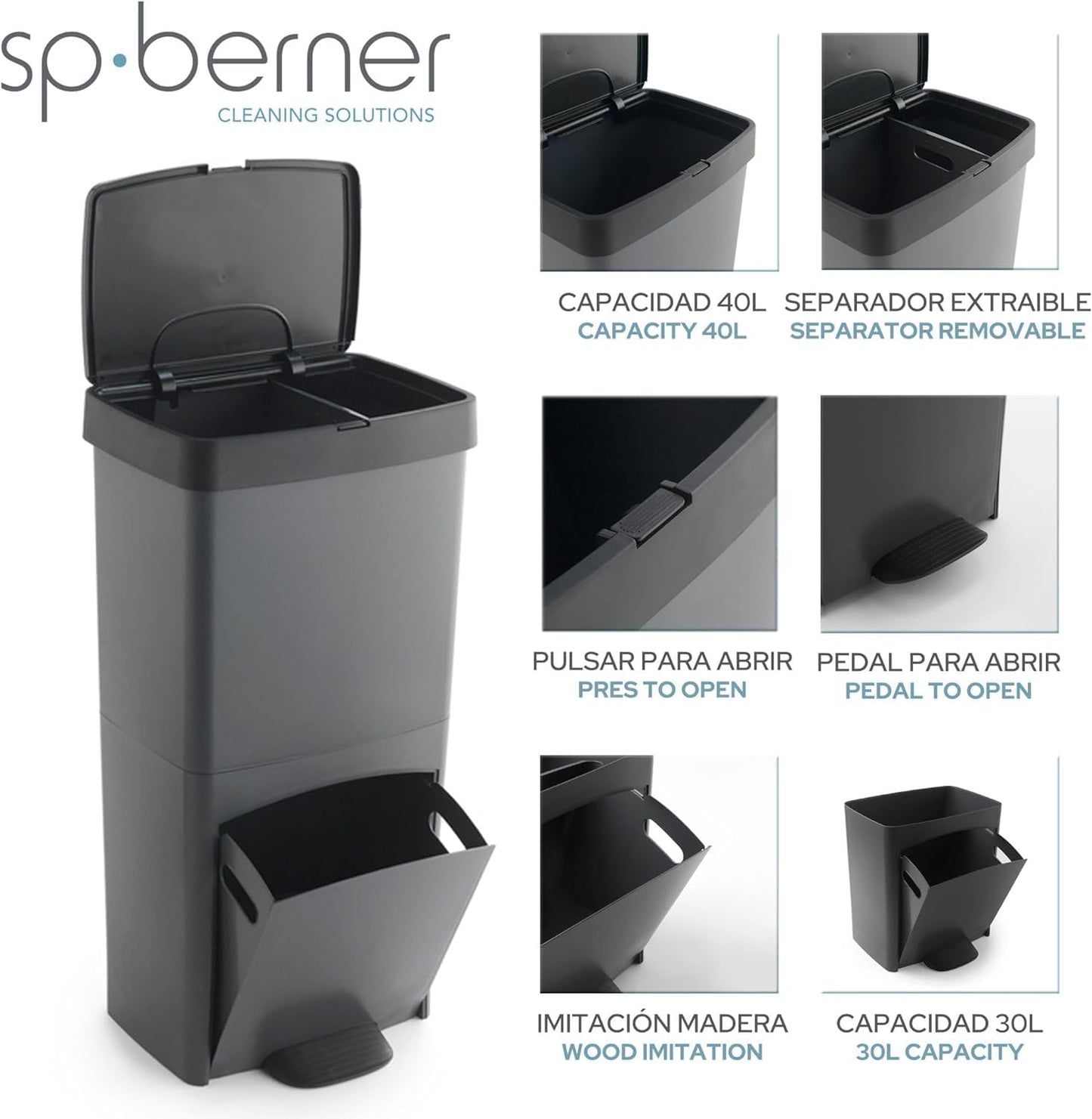 Cubo de Basura Reciclaje 70L con 2 Compartimentos Vertical Negro