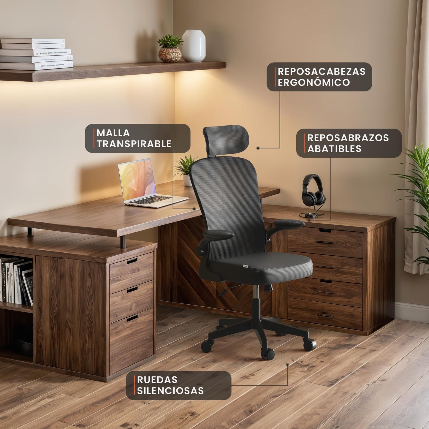 Silla Escritorio Ergonómica Reclinable con Soporte Lumbar y Ruedas